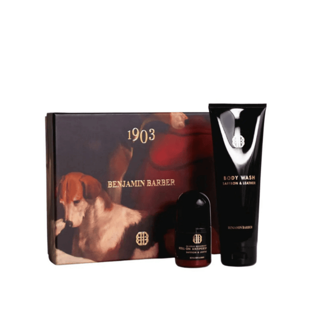 BENJAMIN BARBER dovanų dėžutė „Saffron&Leather“ – kūno prausiklis (250ml) ir antiperspirantas (75ml)