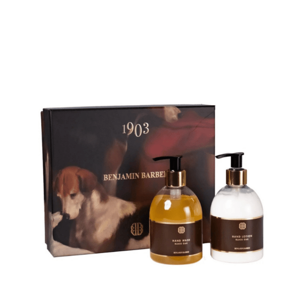 BENJAMIN BARBER dovanų dėžutė „Black Oak“ – prausiklis rankoms ir rankų losjonas 2 x 300 ml